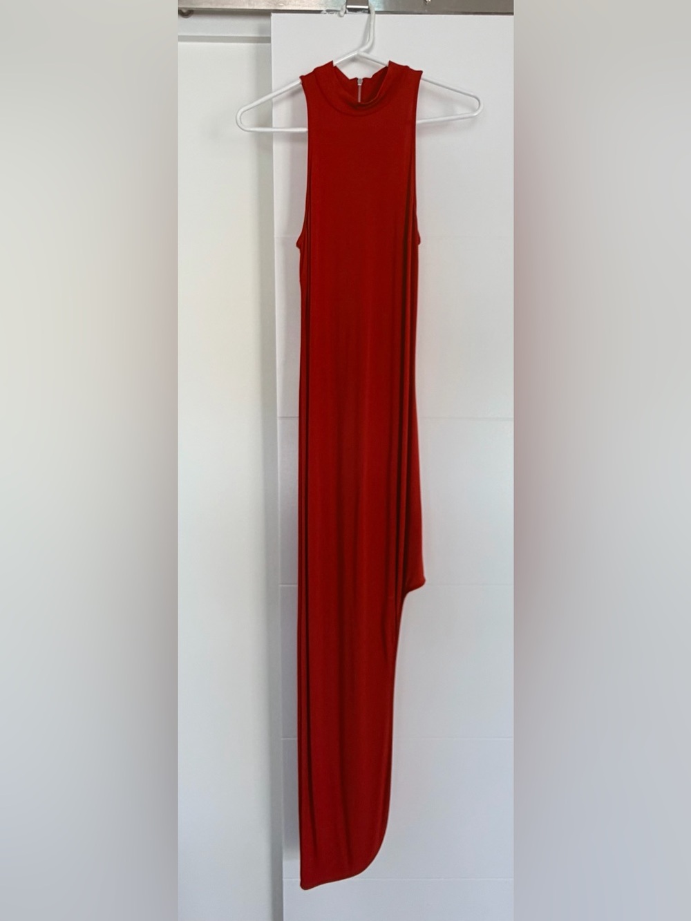 Bebe Sleeveless Red Long Dress with one side higher on bottom